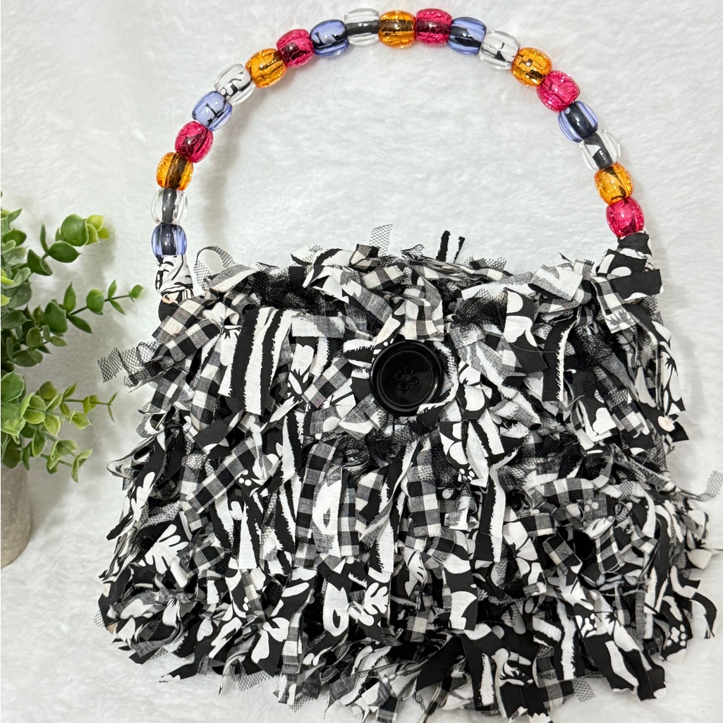 Handmade Black And White Fringe Handbag With Multicolor Handle